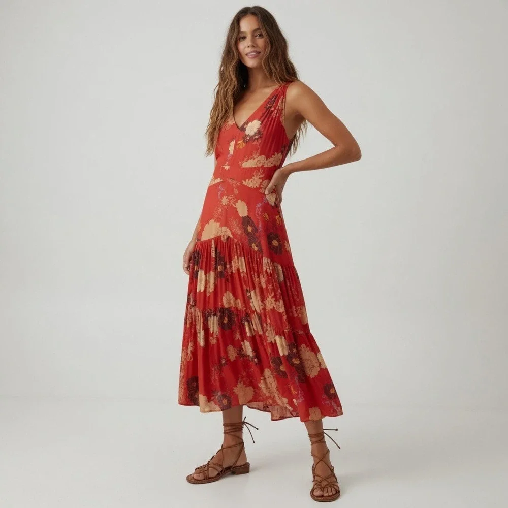 Free People Sure Thing Floral Maxi Dress Red Orange Boho Tiered OB1136382 Size 4
